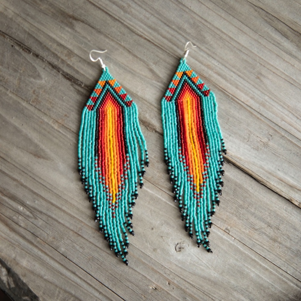 Red and Orange Beaded Earrings with Distinctive Fringe Design